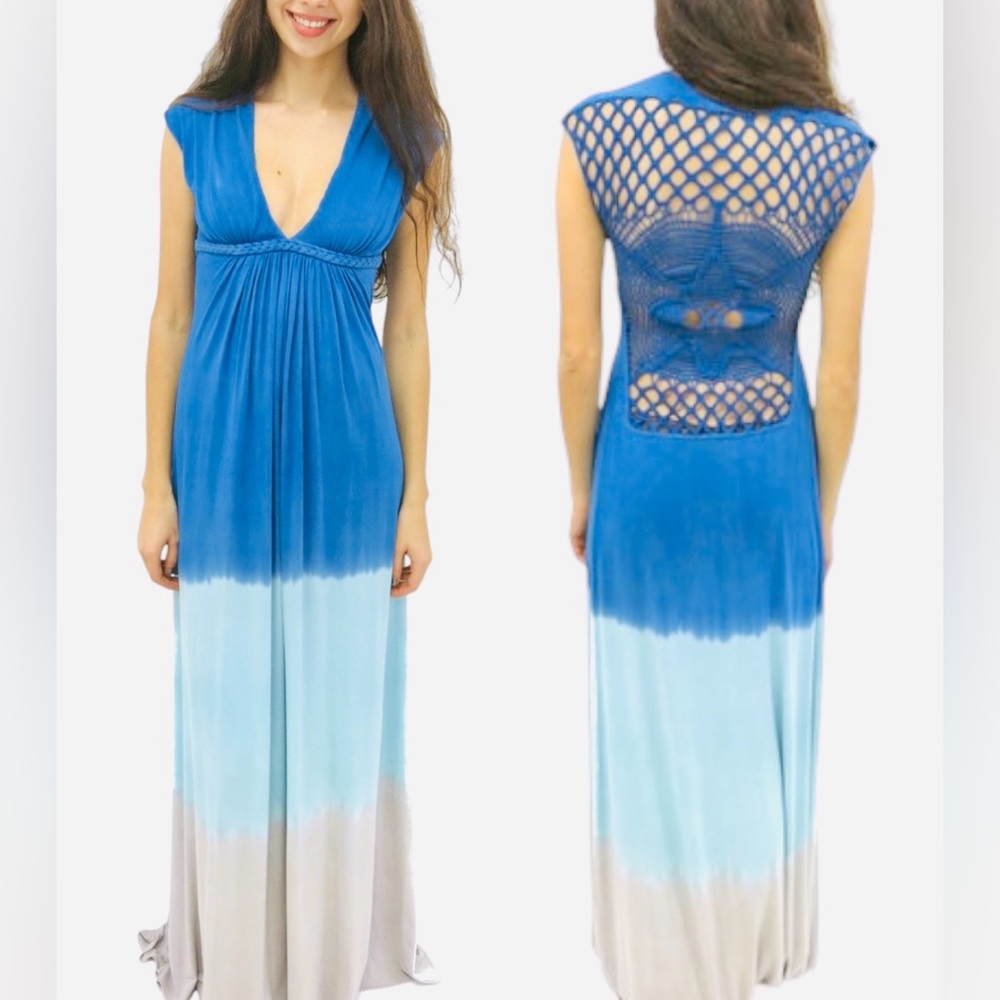 Sky Tie Dye Crochet Back Maxi Dress Katunia Bohemian Sleeveless Blue Medium